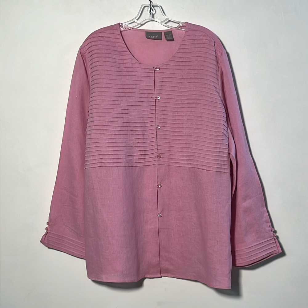 KENAR Lagenlook Career Cottage 100% Linen Pleat Front Button Up Lilac Tunic 2X